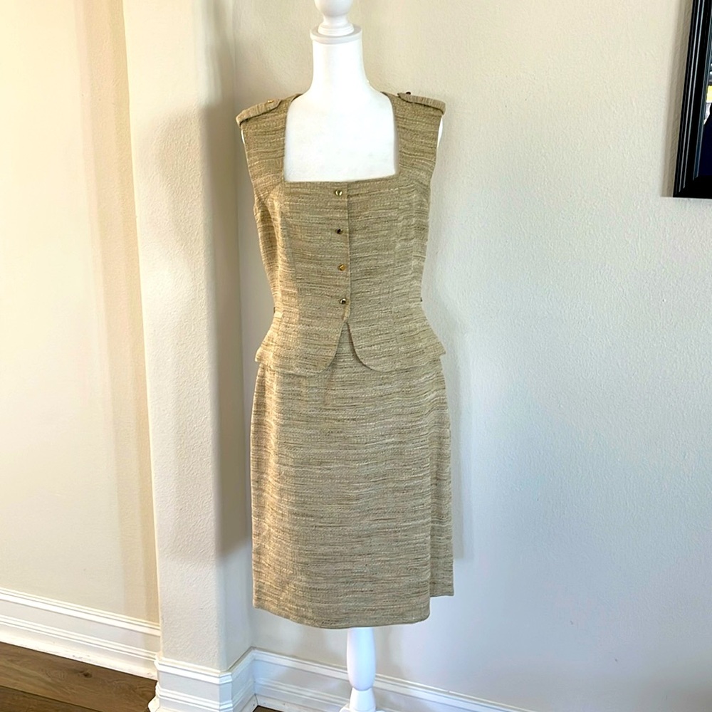 Antonio Melani Tan Sleeveless Square Neck Peplum Dress Tweed Knee Length